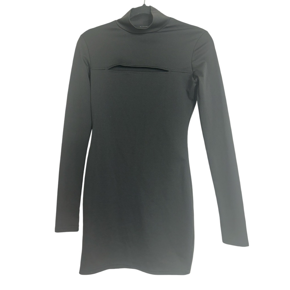 Sleek Black Long-Sleeve Mock Neck Dress with Front Cutout